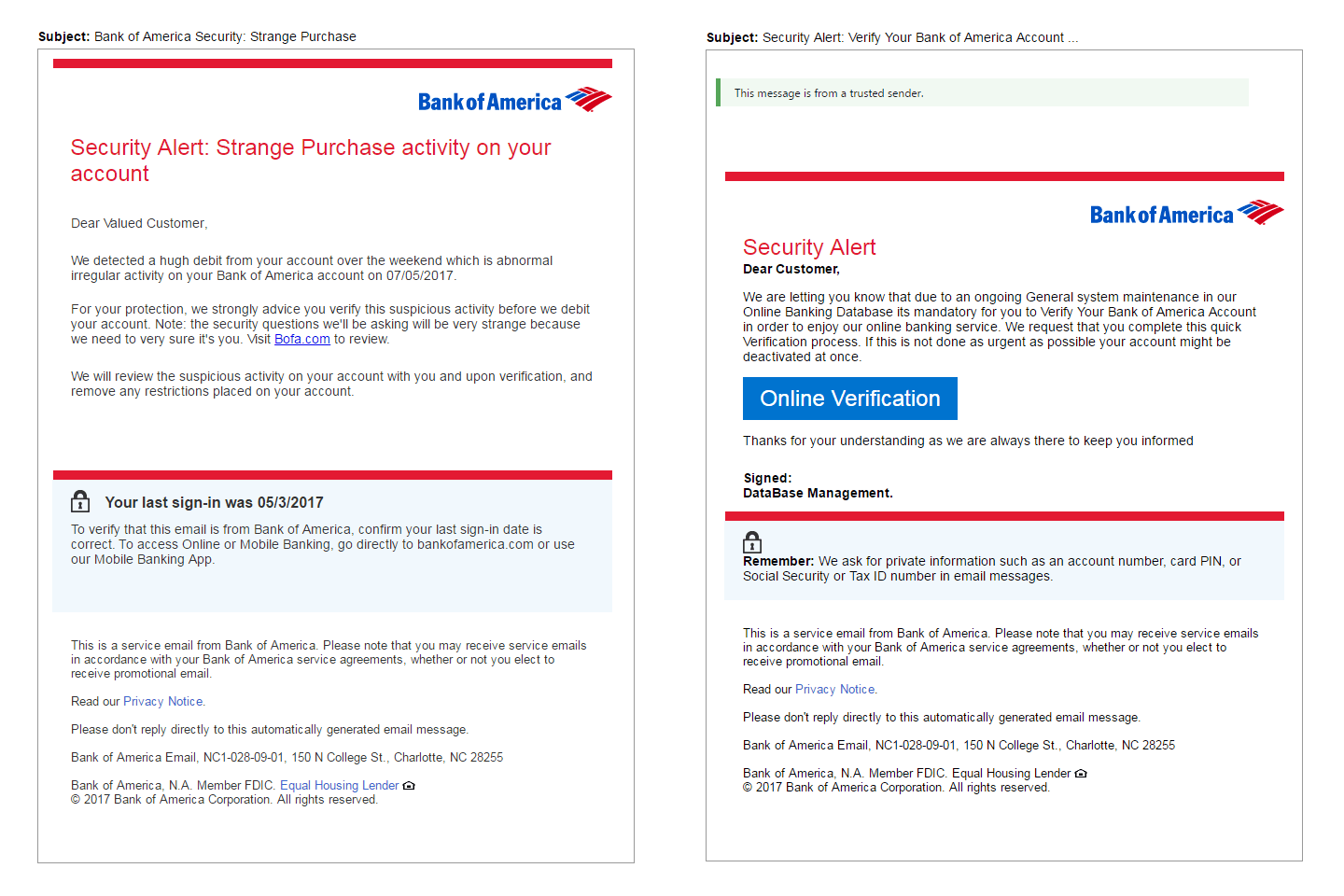 Bank of America Security Alert Phishing Greenview Data